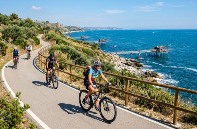 Ciclisti lungo la pista ciclabile panoramica della Via Verde
